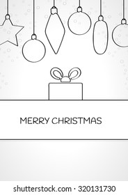 linear christmas card with present and christmas ornaments on gray gradient background