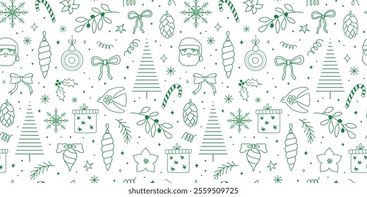 Linear Christmas doodles seamless pattern. Festive banner, background, cover, greeting card, poster, flyer. Retro vintage style. Line art. Bows, snowflakes, gifts, greenery. Vector.