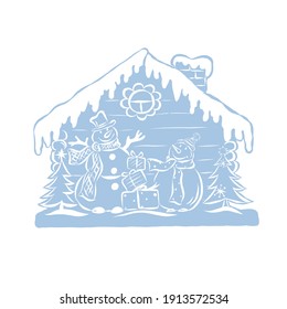 Linear Christmas drawing of a house, snowman. illustration for postcard, children's book