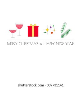 Linear Christmas icons with tag line. Glasses of wine, present box, lights, fir twigs. Can be used for greeting cards, articles, web and mobile design.