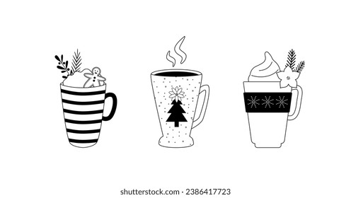 Linear Christmas mugs with hot drinks, cream and gingerbread. Line art. Doodles. Coloring book.