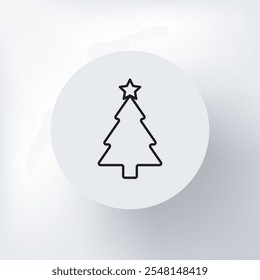 Linear Christmas tree icon with a star, minimalist design on a light gray background, round template.