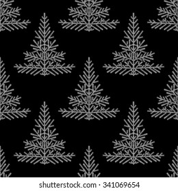 Linear christmas tree seamless pattern. Pine tree forest seamless pattern in graphic style. Vector christmas seamless pattern tree on black background in flat simple style