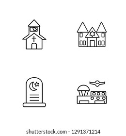 Linear Church, Islamic Cemetery, Synagogue, Airport Vector Illustration Of 4 outline Icons. Editable Pack Of Church, Islamic Cemetery, Synagogue, Airport