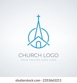 Linear Church logo. Christian symbol. Church building. Stock vector illustration isolated on white background.