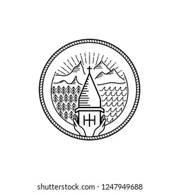 Linear Church and surroundings illustration vector logo or Icon
