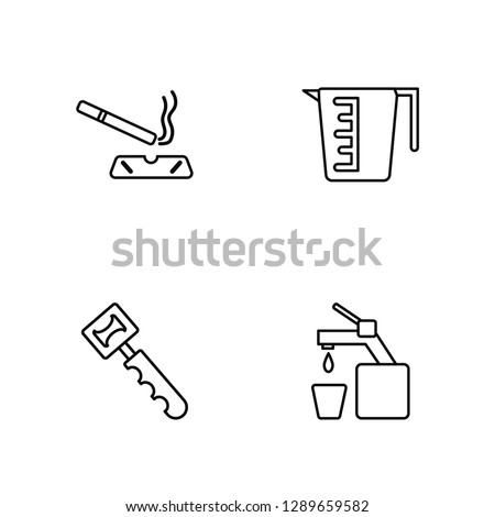 Linear Cigarrete, Bottle opener, Measuring cup, Water Vector Illustration Of 4 outline Icons. Editable Pack Of Cigarrete, Bottle opener, Measuring cup, Water