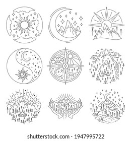 Banderas de círculo lineal con escena de acampada natural. El paisaje montañoso y del cielo, el bosque de abetos y el campamento de pepitas. Lago con tienda y montaña. Banner de sol y luna. Ilustración del vector