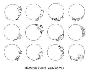 Linear circles hand-drawn floral frames.Borders for banner, wedding, greeting card design, vector set