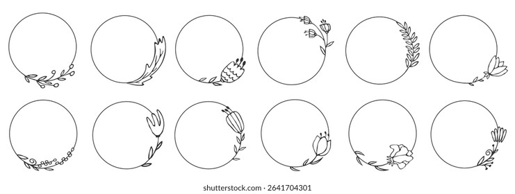 Linear circles hand-drawn floral frames.Borders for banner, wedding, greeting card design, vector set