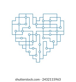 Linear circuit board with heart shape for love technology metaphor. Vector logo illustration.