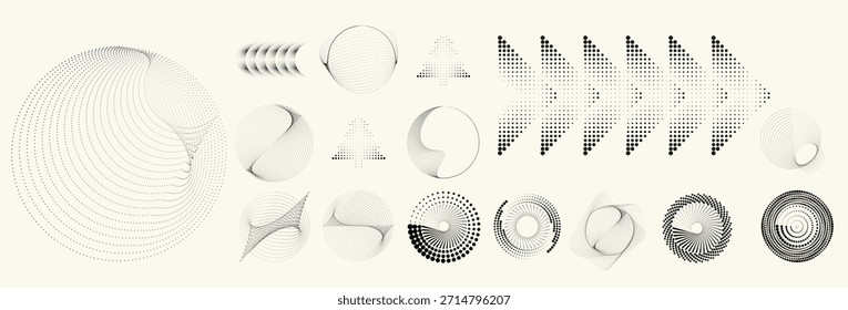 Formas de círculos de pontos de meio-tom circulares lineares, pontilhadas em anel e espiral para design moderno, tecnologia ou planos de fundo gráficos de movimento. Elementos arredondados pontilhados, espirais radiais e vórtice.