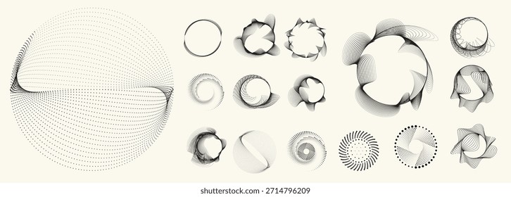 Formas de círculos de pontos de meio-tom circulares lineares, pontilhadas em anel e espiral para design moderno, tecnologia ou planos de fundo gráficos de movimento. Elementos arredondados pontilhados, espirais radiais e vórtice.