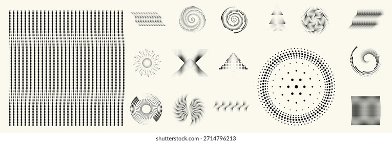 Formas de círculos de pontos de meio-tom circulares lineares, pontilhadas em anel e espiral para design moderno, tecnologia ou planos de fundo gráficos de movimento. Elementos arredondados pontilhados, espirais radiais e vórtice.