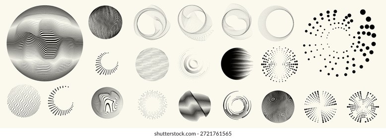 Conjunto de círculos de puntos de semitono lineales y circulares, anillo punteado y Formas de círculos en espiral para diseños modernos, tecnología o fondos gráficos en movimiento. Elementos redondos punteados, espirales radiales y vórtice.
