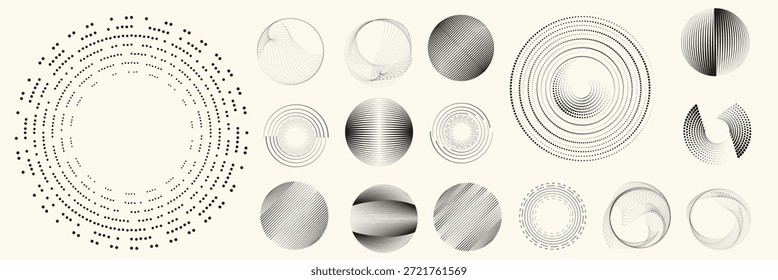 Linear, circular halftone dots circles set, dotted ring and spiral circle shapes for modern design, technology, or motion graphic backgrounds. Dotted round elements, radial spirals, and vortex.
