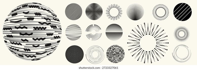 Formas de círculos de pontos de meio-tom circulares lineares, pontilhadas em anel e espiral para design moderno, tecnologia ou planos de fundo gráficos de movimento. Elementos arredondados pontilhados, espirais radiais e vórtice.
