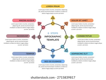 Plantilla de infografía de proceso circular lineal con ocho pasos coloridos con flechas