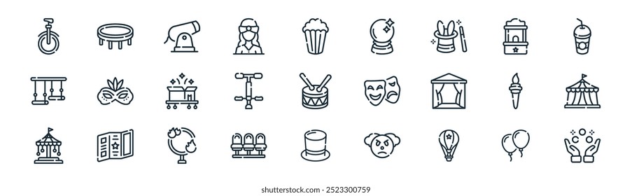 linear circus icon pack. vector thin line balloons, trampoline, circus, ticket booth, pogo stick, circus tent, top hat, juggling ball icons suitable for apps and websites ui designs