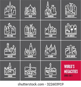 linear cities, cityscape, city skyline, city silhouette, cities vector icons set, megacities,