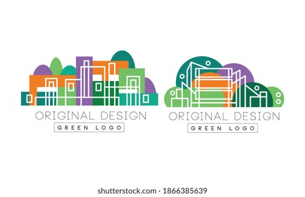 Linear City Building with Green Park Zone as Logo Design Vector Set