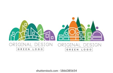 Linear City Building with Green Park Zone as Logo Design Vector Set
