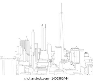 linear city buildings, vector 3d illustration