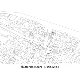 linear city buildings, vector 3d illustration