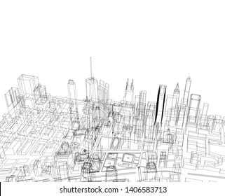 lineare Stadtgebäude, Vektorillustration 3D-Abbildung