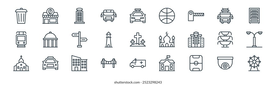 linear city elements icon pack. vector thin line cctv, coffee shop, phone booth, firetruck, lighthouse, street light, ambulance, ferris wheels icons suitable for apps and websites ui designs