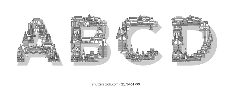 Linear city font letters A B C D. Excellent font consisting of houses buildings and skyscrapers. Suitable for web, advertising, posters, banners and brochures.