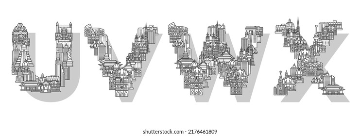 Linear city font letters U V W X. Excellent font consisting of houses buildings and skyscrapers. Suitable for web, advertising, posters, banners and brochures.