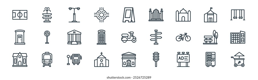 linear city icon pack. vector thin line vending hine, fountain, street light, city hall, phone booth, city, bank, ice cream cart icons suitable for apps and websites ui designs