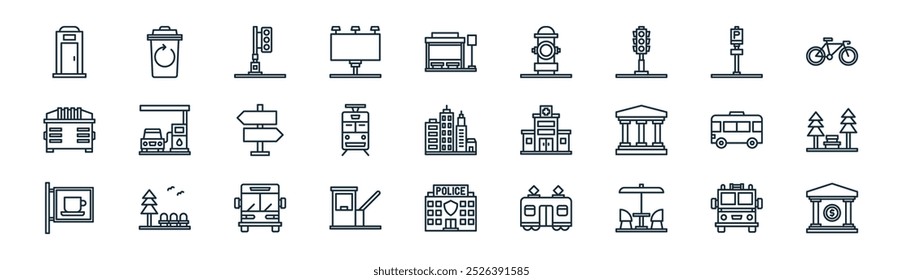 vetor linha fina caminhão de fogo, lixeira, semáforo, estacionamento, bonde, parque, delegacia de polícia, ícones de banco adequados para aplicativos e sites projetos de iu
