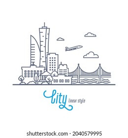 Linear Cityscape with bridge and flying airplane. Outline style vector illustration on white background.