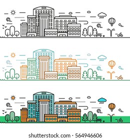 Linear cityscape concept with buildings and park landscape in monochrome and colorful style vector illustration