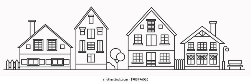 Linear Cityscape With Various Row Houses. Outline Illustration. Old Buildings In Neighborhood. Vector.