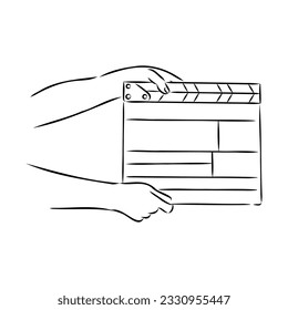 Icono de cierre lineal para la película. Un petardo para hacer películas. Placa para una ilustración vectorial de conjunto de película aislada en fondo blanco