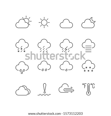 linear classic weather icons set. season info hot, sunny day, cloudy, rainy or snowy, ice-crusted ground. graphic pack with simple outline elements for interface app mobile, web on white background