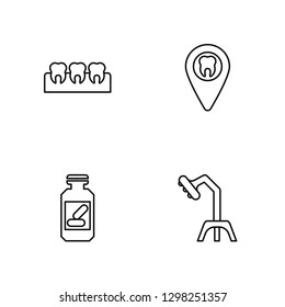 Linear Clean tooth, Medicine, Location, Lamp Vector Illustration Of 4 outline Icons. Editable Pack Of Clean tooth, Medicine, Location, Lamp