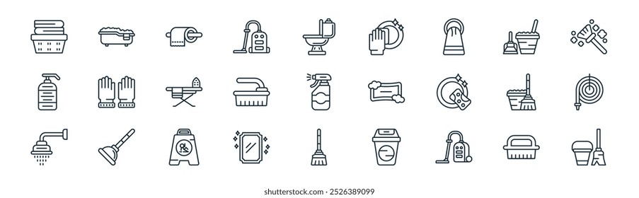 linear cleaning icon pack. vector thin line cleaning brush, bathtub, toilet paper, cleaning tool, brush, water hose, broom, tool icons suitable for apps and websites ui designs