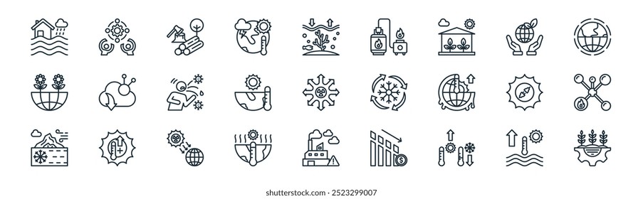 lineares ícone da mudança climática pack. vetor linha fina oceano, comum, desmatamento, ambiental, aquecimento, metano, poluição do ar, agricultura ícones adequados para aplicativos e sites