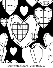 Linear clip art heart. Vector. Facets, grid, minimalism. Black and white design. Geometric pattern.