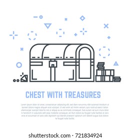 Linear closed chest with lock and treasures. Golden coins, money, diamonds near chest. Flat style line modern vector illustration with retro colors. Template for banner, commercial, article or web.