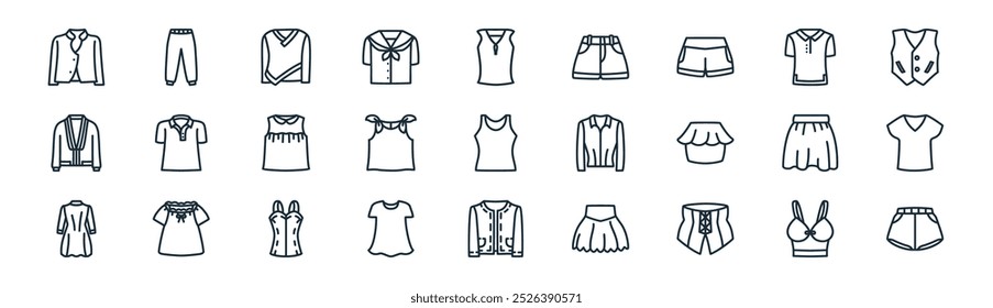 linear clothes icon pack. vector thin line cor, pants, blouse, polo shirt, dress, shirt, coat, knickers icons suitable for apps and websites ui designs