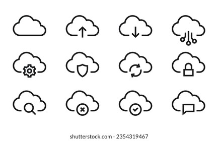 Lineares Cloud-Computing und Aktionen, Vektorsymbole gesetzt. Cloud-Speicher Download, Upload, Verbindung, Einstellung, Sicherheit, Neustart usw.icons. Symbole für digitale Transformation. Bearbeitbarer Hub