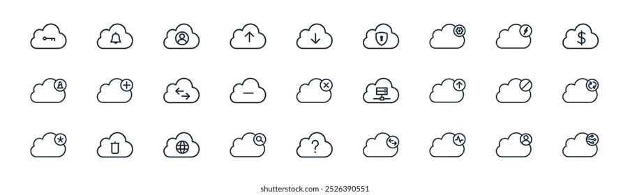 linear cloud data icon pack. vector thin line cloud user, notification, cloud user, lightning, delete account, data synchronization, help, computing icons suitable for apps and websites ui designs
