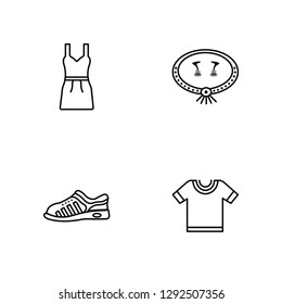 Linear Cocktail Dress, Sneaker, Jewelry Set, Cotton Polo Shirt Vector Illustration Of 4 outline Icons. Editable Pack Of Cocktail Dress, Sneaker, Jewelry Set, Cotton Polo Shirt
