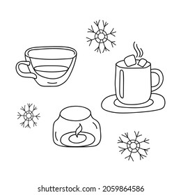 Linear Coffee, Cocoa Winter Hygge. Hot cup of Tea, Marshmallows, a burning Candle and Snowflakes. Vector illustration in Scandinavian, Nordic style. Hand drawn line art