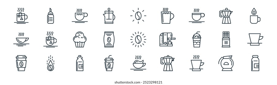 linear coffee icon pack. vector thin line jar, drink, coffee, coffee pot, bag, bottle icons suitable for apps and websites ui designs